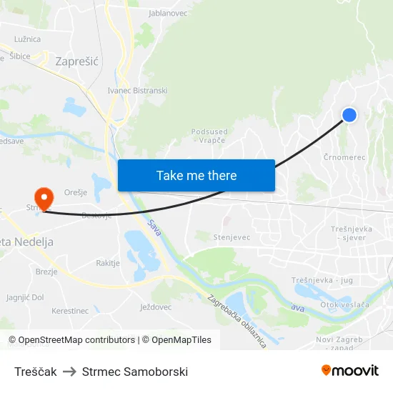 Treščak to Strmec Samoborski map