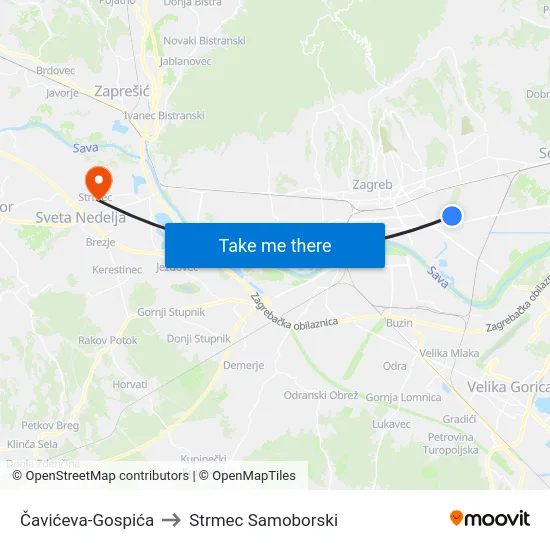 Čavićeva-Gospića to Strmec Samoborski map