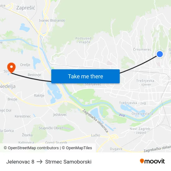 Jelenovac 8 to Strmec Samoborski map