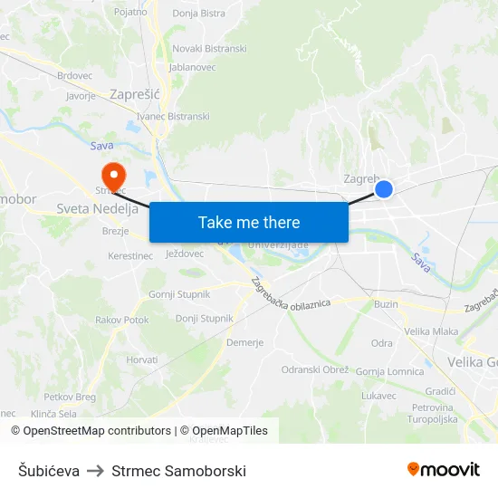 Šubićeva to Strmec Samoborski map