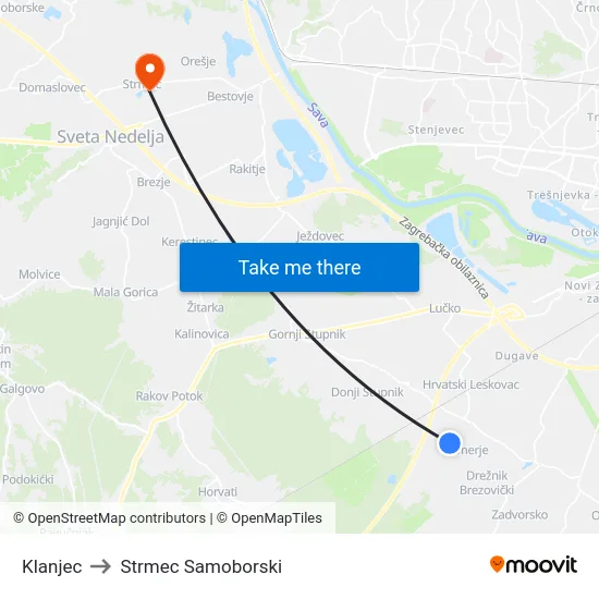 Klanjec to Strmec Samoborski map