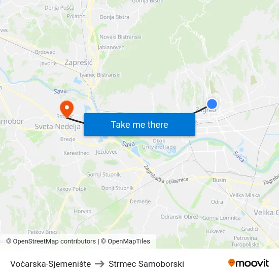 Voćarska-Sjemenište to Strmec Samoborski map