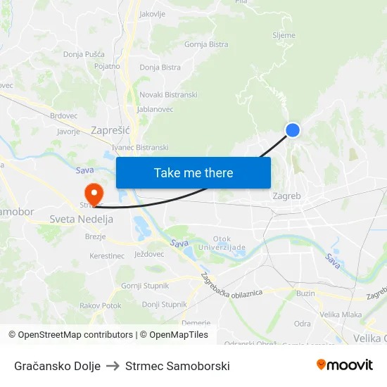 Gračansko Dolje to Strmec Samoborski map