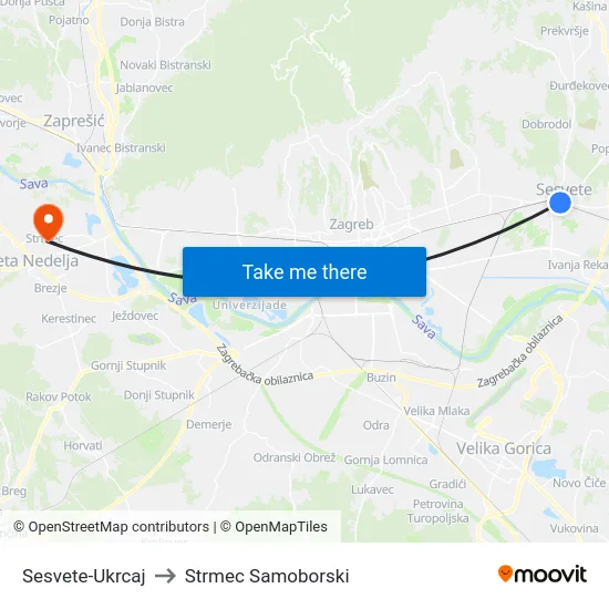 Sesvete-Ukrcaj to Strmec Samoborski map
