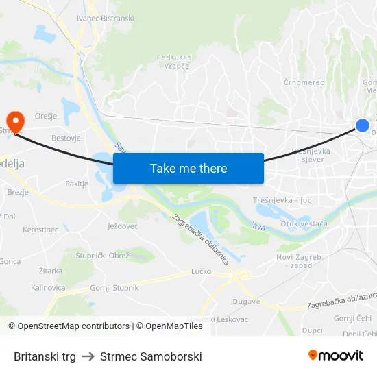 Britanski trg to Strmec Samoborski map