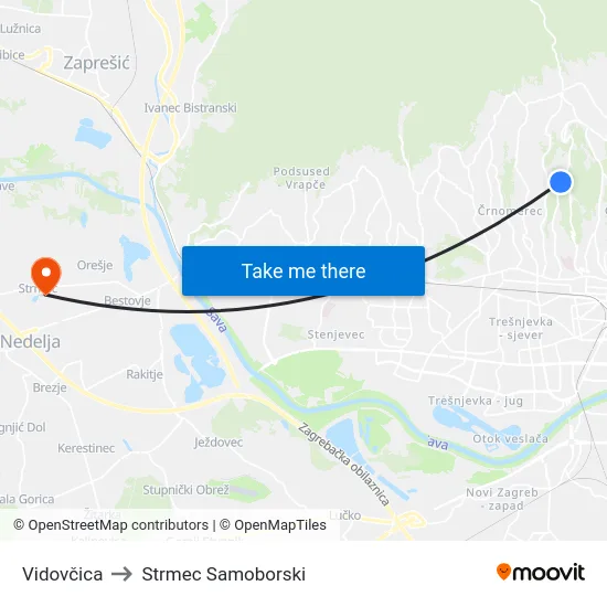 Vidovčica to Strmec Samoborski map