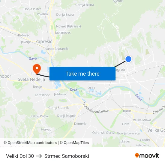 Veliki Dol 30 to Strmec Samoborski map