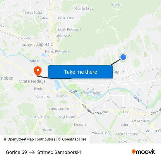 Gorice 69 to Strmec Samoborski map