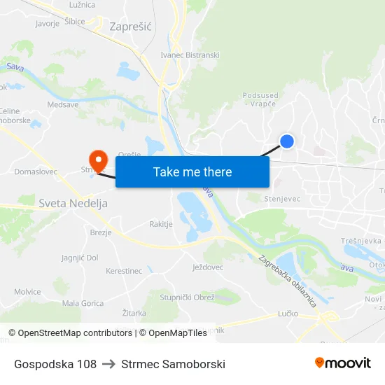 Gospodska 108 to Strmec Samoborski map