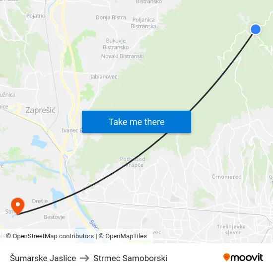 Šumarske Jaslice to Strmec Samoborski map