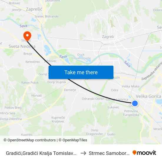 Gradići,Gradići Kralja Tomislava 46 to Strmec Samoborski map