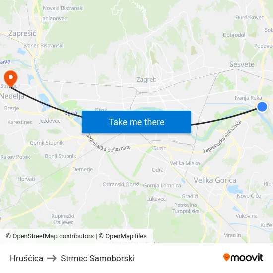 Hrušćica to Strmec Samoborski map