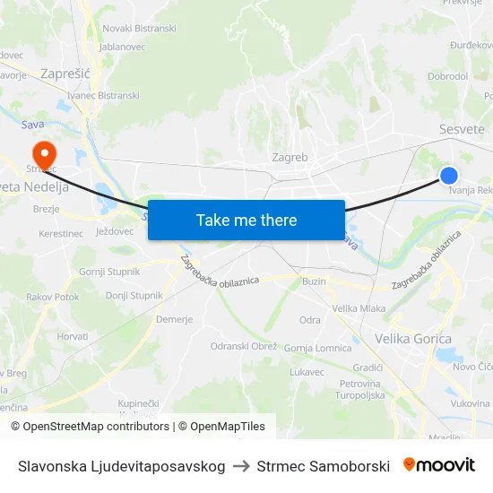 Slavonska Ljudevitaposavskog to Strmec Samoborski map