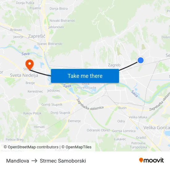 Mandlova to Strmec Samoborski map