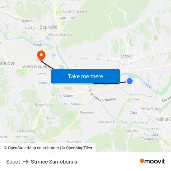 Sopot to Strmec Samoborski map