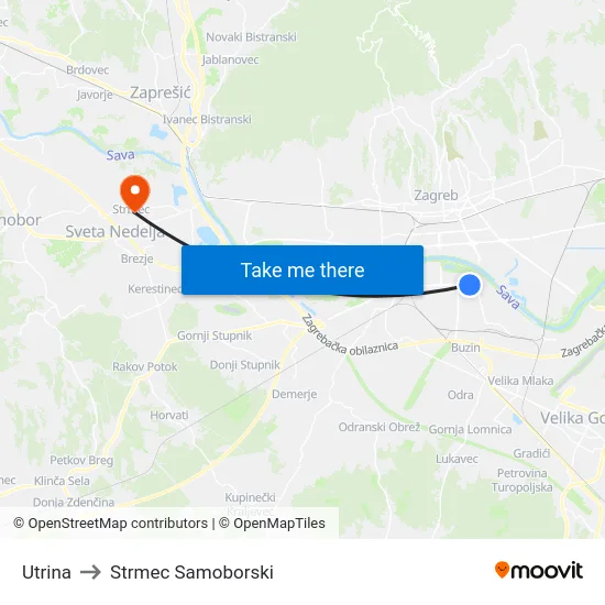 Utrina to Strmec Samoborski map