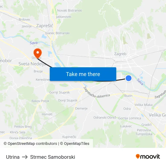 Utrina to Strmec Samoborski map