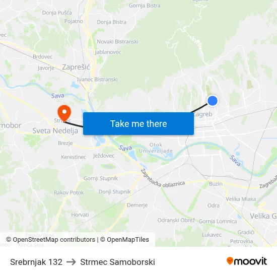 Srebrnjak 132 to Strmec Samoborski map