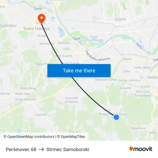Peršinovec 68 to Strmec Samoborski map