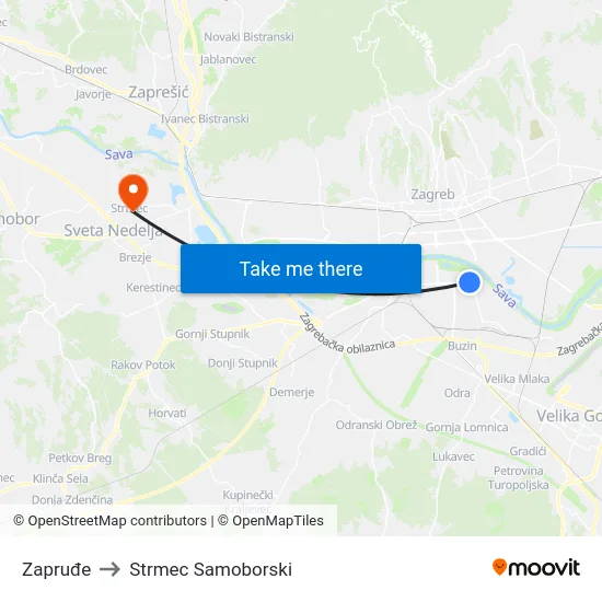Zapruđe to Strmec Samoborski map