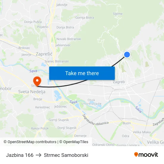 Jazbina 166 to Strmec Samoborski map