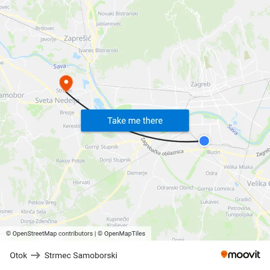 Otok to Strmec Samoborski map