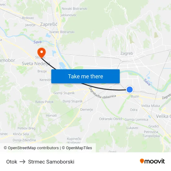 Otok to Strmec Samoborski map