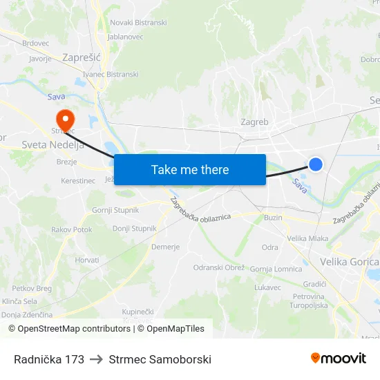 Radnička 173 to Strmec Samoborski map