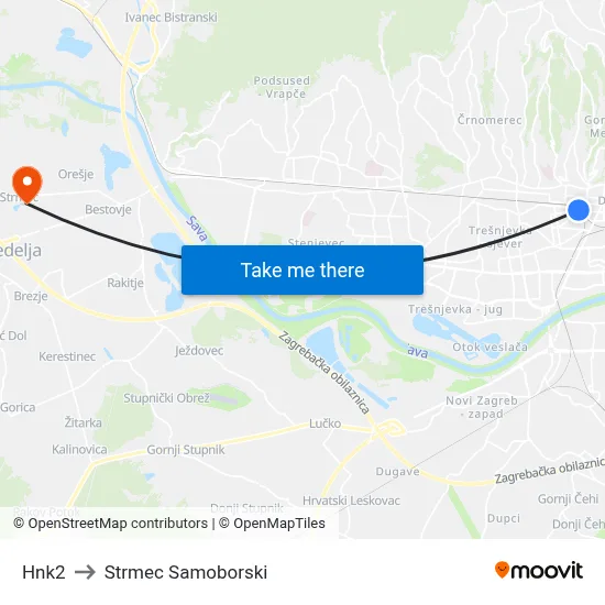 Hnk2 to Strmec Samoborski map
