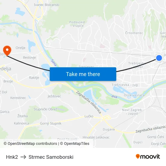 Hnk2 to Strmec Samoborski map