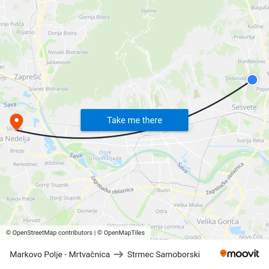 Markovo Polje - Mrtvačnica to Strmec Samoborski map