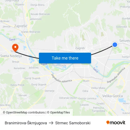 Branimirova-Škrnjugova to Strmec Samoborski map