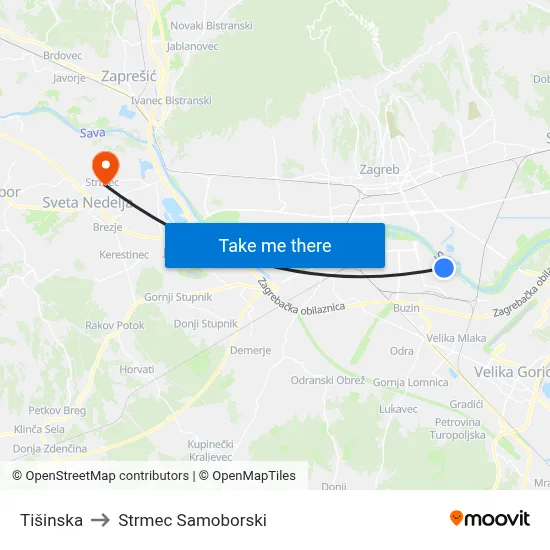 Tišinska to Strmec Samoborski map