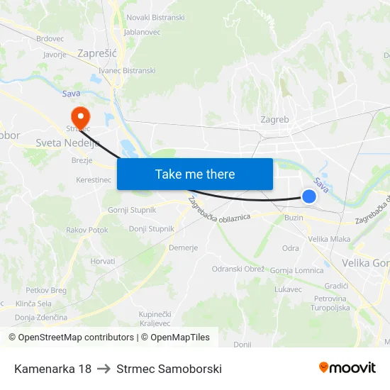 Kamenarka 18 to Strmec Samoborski map
