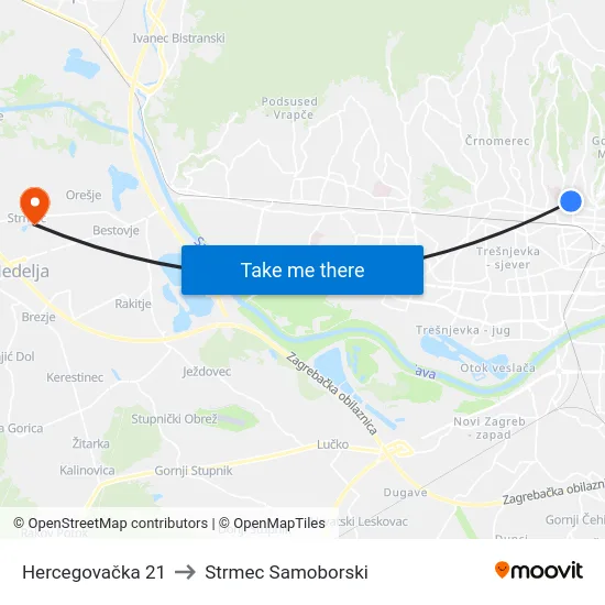 Hercegovačka 21 to Strmec Samoborski map