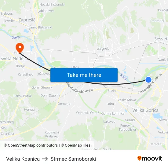Velika Kosnica to Strmec Samoborski map