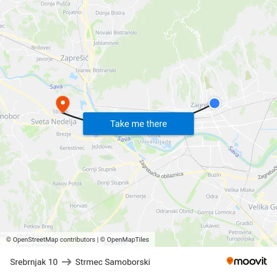 Srebrnjak 10 to Strmec Samoborski map