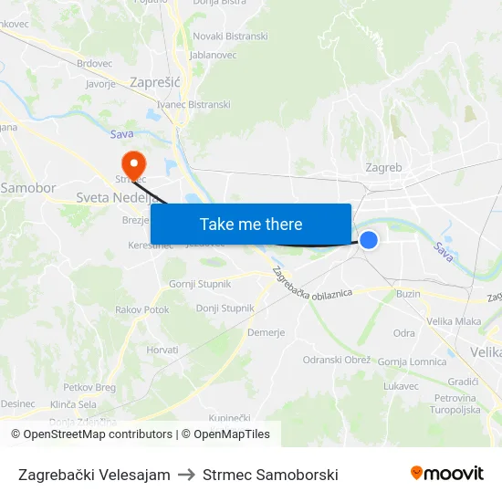 Zagrebački Velesajam to Strmec Samoborski map