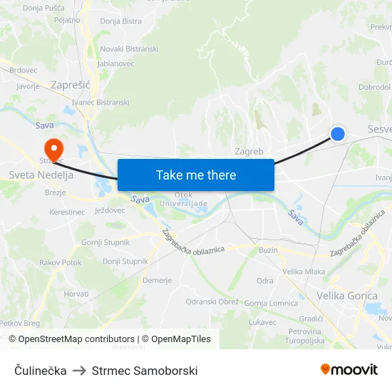Čulinečka to Strmec Samoborski map