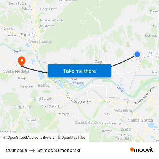 Čulinečka to Strmec Samoborski map