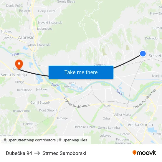 Dubečka 94 to Strmec Samoborski map