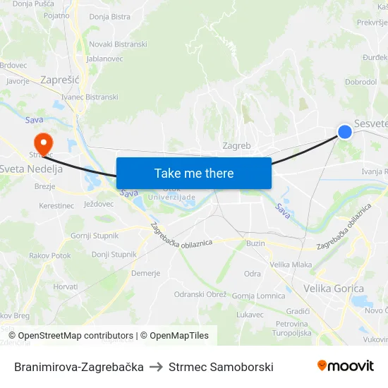 Branimirova-Zagrebačka to Strmec Samoborski map