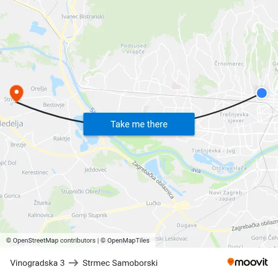 Vinogradska 3 to Strmec Samoborski map