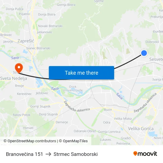 Branovečina 151 to Strmec Samoborski map