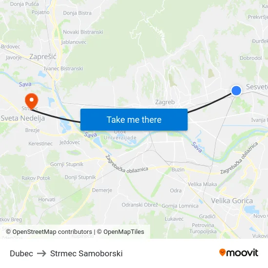 Dubec to Strmec Samoborski map