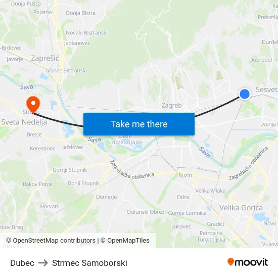 Dubec to Strmec Samoborski map