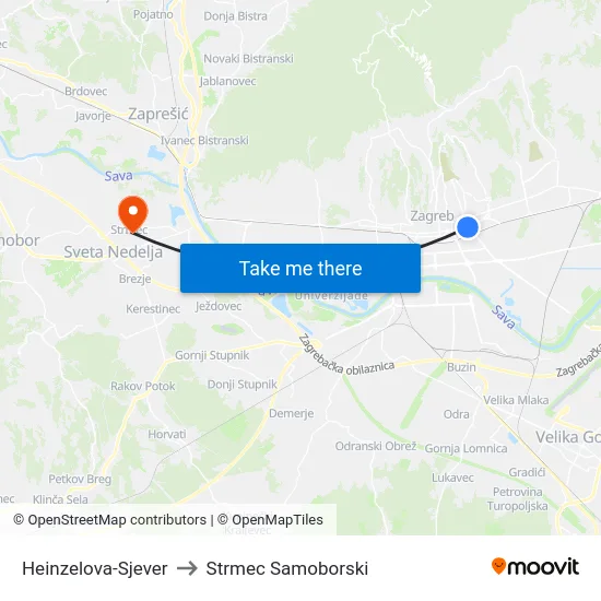 Heinzelova-Sjever to Strmec Samoborski map