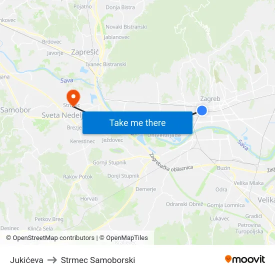Jukićeva to Strmec Samoborski map