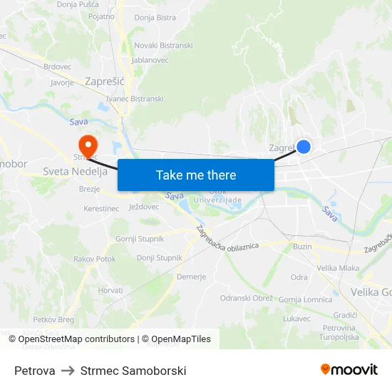 Petrova to Strmec Samoborski map