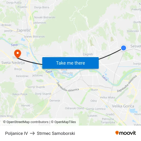 Poljanice IV to Strmec Samoborski map